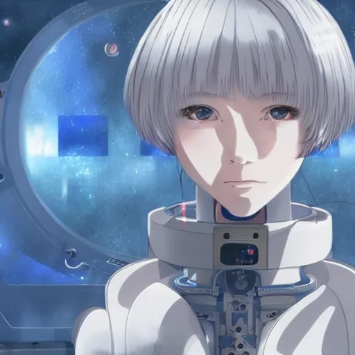 Image similar to This is a digital art piece by Yoshiyuki Sadamoto that is trending on artstation. It is a 8K UHD image of Rei Ayanami, a female anime character, inside a space station with technological rings. She is shot from the ground by Yoshiyuki Sadamoto. The environment is a concept design and the art is hyper realistic with intricate details.