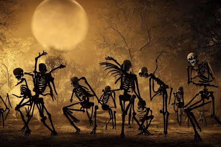 Prompt: skeletons and corpses dancing in village, dark night, highly detailed digital art, photorealistic