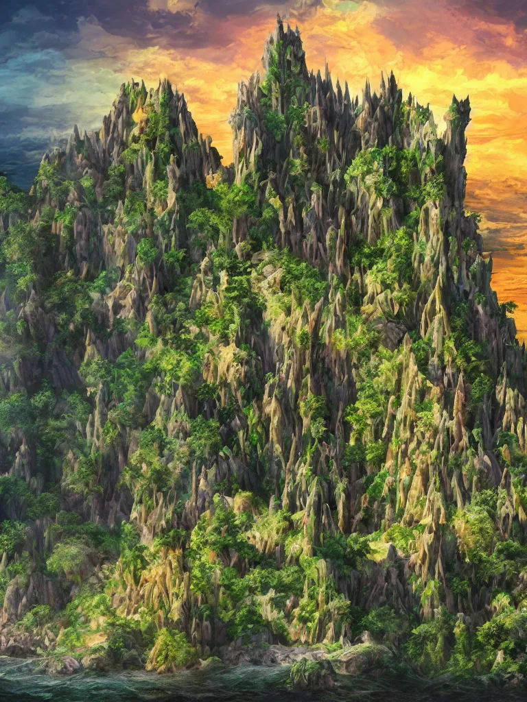 Image similar to stunning wide angle view of an ancient gaudi designed castle on top of a green stone island in the middle of a deep green wavy sea, sun through majestic clouds, highly detailed rock structures, artistic composition, sharp focus on houses, intricate concept art, digital painting, colorful flat surreal design, hd, 8 k, artstation, ambient lighting