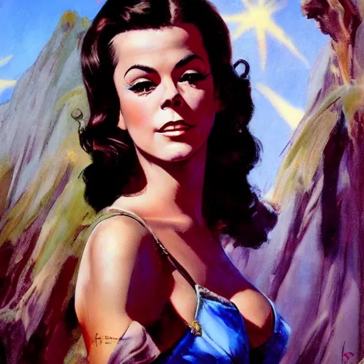 Prompt: ultra realistic portrait painting of natalie wood as a western outlaw, art by frank frazetta, 4 k, ultra realistic, highly detailed, epic lighting.