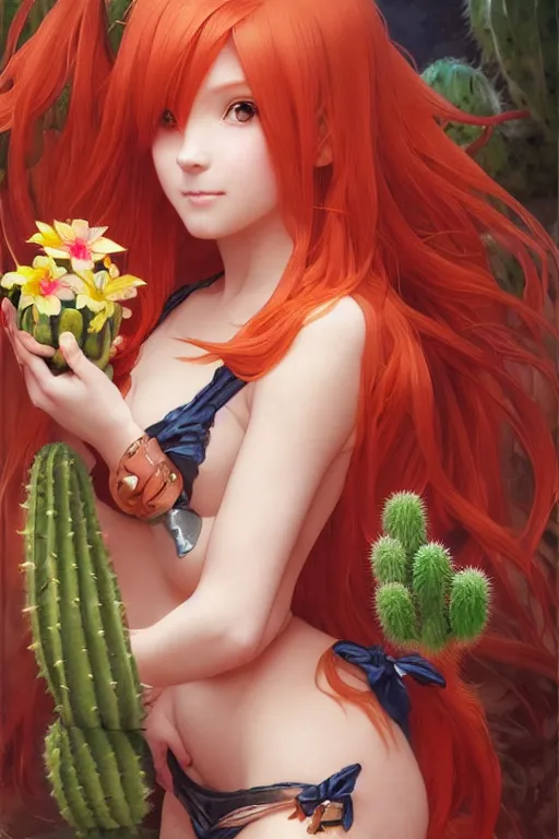 Image similar to Portrait of red-haired anime girl with fox ears and an evil grin in orange bikini holds a cactus in her arms cinematic lighting, intricate, elegant, highly detailed, digital painting, artstation, smooth, sharp focus, illustration, art by Yoshitaka Amano, artgerm and greg rutkowski and alphonse mucha and william-adolphe bouguereau