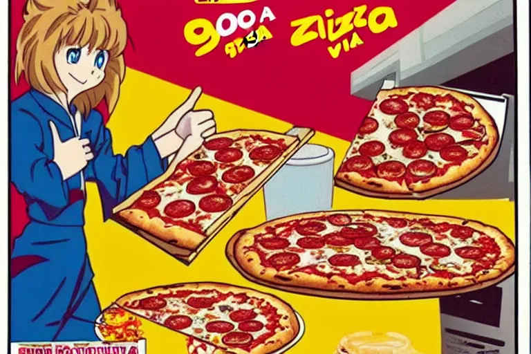 Image similar to pizza, 80s, advertisement, anime, explosion!!!!!!!!!!!!!!!