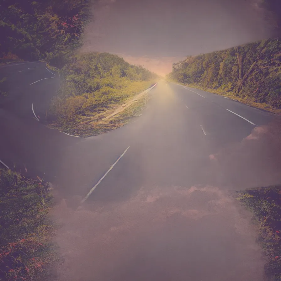 Prompt: atmospheric multiexposure photography of a highway road that is a blood artery leading to the heart sun. carefree vibes.
