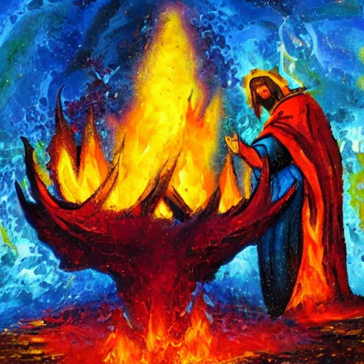 Image similar to artists rendition of a holy bond made in fire before the temple of god, oil paint, bright colors, sharp focus, thick paint, thick brush