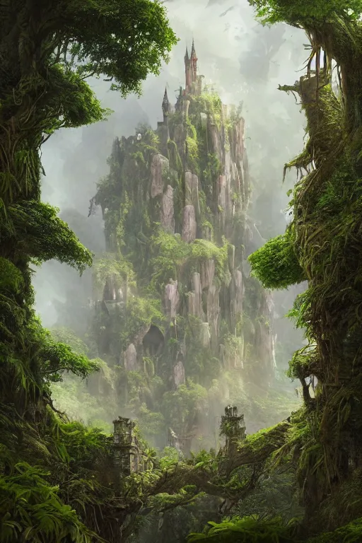 Image similar to fairy palace-castle, towers, gnarly trees, lush vegetation, forrest, landscape, raphael lacoste, eddie mendoza, alex ross, concept art, matte painting, highly detailed, rule of thirds, dynamic lighting, cinematic, detailed, denoised, centerd