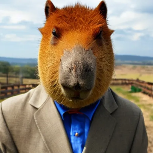 Image similar to capybara head, a man wearing a suit capybara head (smoking cigar)