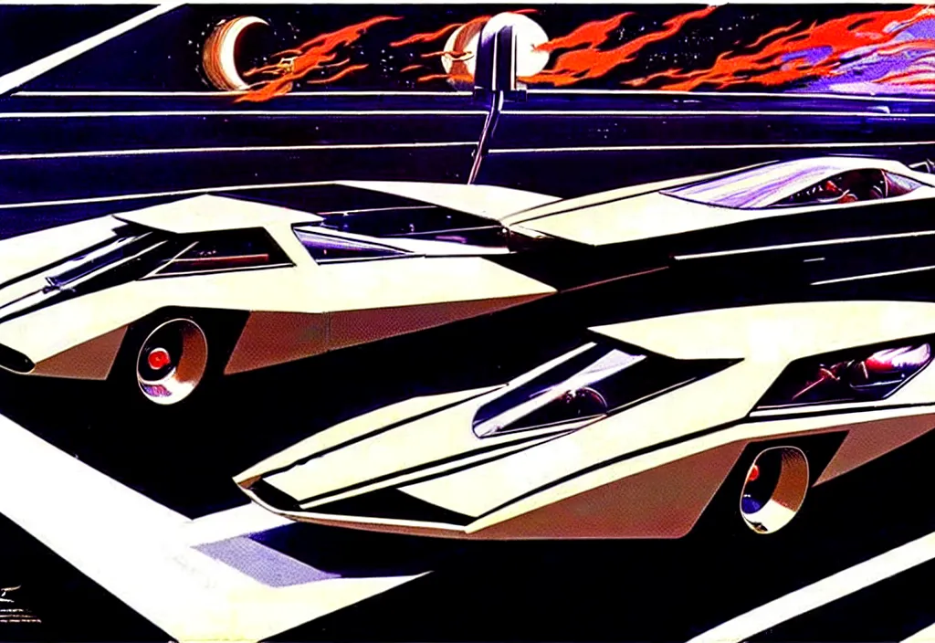 Image similar to an extremely complex and advanced car from the 1960s, extreme plus resolution fantasy concept art, intricate details to everything visible, sharp lighting, Dramatic light by Denis Villeneuve, strong emphasis on Syd Mead and Robert McCall