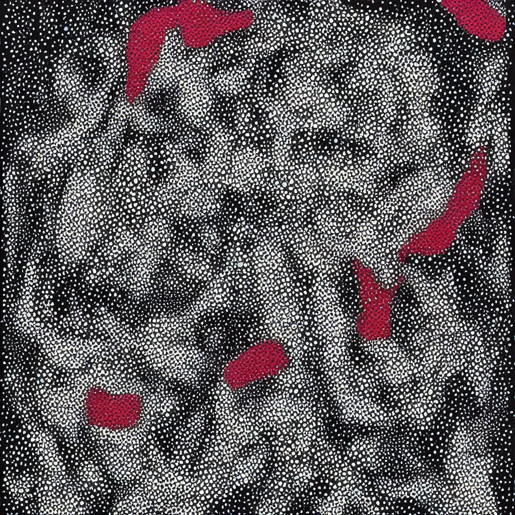 Image similar to camo made of teeth, smiling, abstract, rei kawakubo artwork, cryptic, dots, stipple, lines, splotch, color tearing, pitch bending, color splotches, hearts, dark, ominous, eerie, minimal, points, technical, old painting