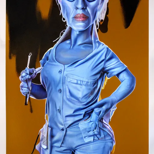 Image similar to detailed details photorealistic puppet nurse ghost in the style of bob peak and alex ross, gouache and wash paints color, detailed details facial and body and human and environments and proportionate, detailed 5 k details.