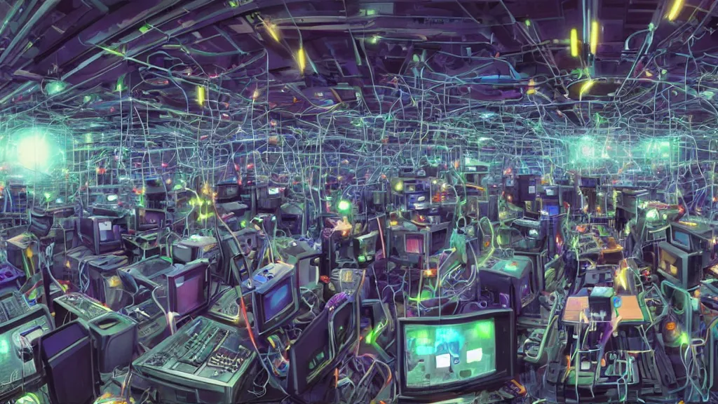 Prompt: selfie of a tight group of happy drunken hackers hooked directly into computers, wired in, in a highly detailed server room with computers everywhere and wires, in a scifi movie, vivid colors, by jamie hewlett, stephan martiniere, james gurney, james jean, anato finnstark. hyper detailed, wide angle, perfect faces