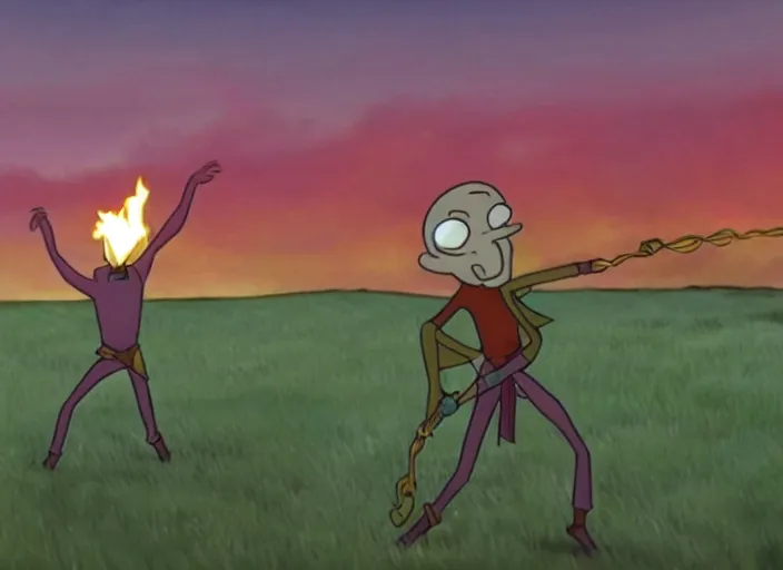 Prompt: squidward practicing firebending in an open field at susnset, screenshot from animated tv show'avatar : the last airbender'