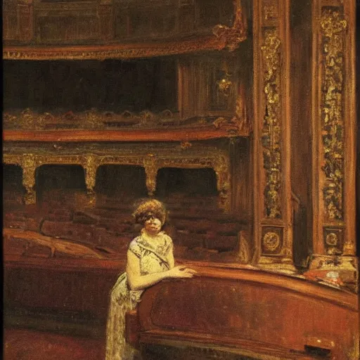 Prompt: an actress on stage in an old theater. she has only a single visitor in the audience, by alfred stevens