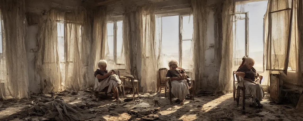 Prompt: a white dirty room, with broken wooden windows, an old woman is sitting on a chair in the middle, golden hour, dust is visible, masterpiece 4k, intricate details, realistic, panoramic view, Hyperdetailed, 8k resolution, photorealistic