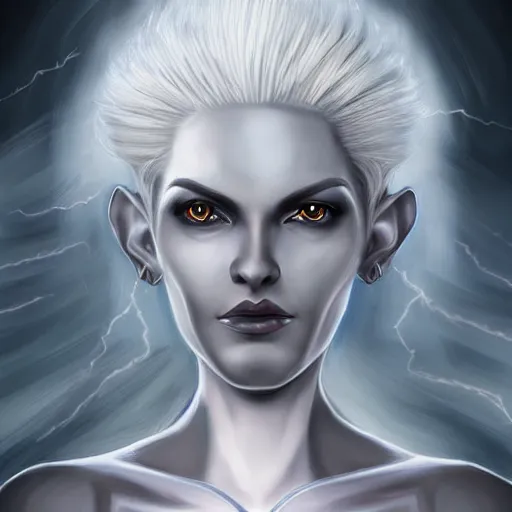 Image similar to beautiful old female dark elf with white hair holding a scroll, storm background, digital painting, detailed, realism, perfect symmetry