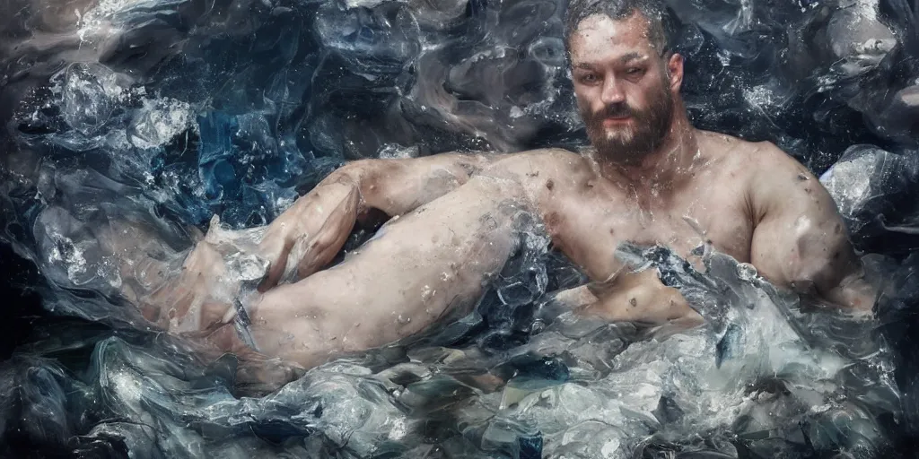 Image similar to highly detailed photography of poseidon with crystals, dust particles, big rocks, sharp focus, dramatic scene, aesthetic, dynamic lighting, elegant, harmony, masterpiece, by jenny saville, by ben aronson, by james jean, by roberto ferri, by jeremy mann, by lucian freud, by kent williams, high quality