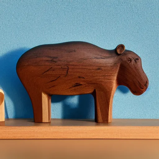 Image similar to a zoomed out studio product shot of a minimalist carved hippopotamus, carved from a glued block of 5 0 % cherry wood and 5 0 % blue resin, in profile, like a catalog photograph, mostly wood, with a smooth featureless minimalist look