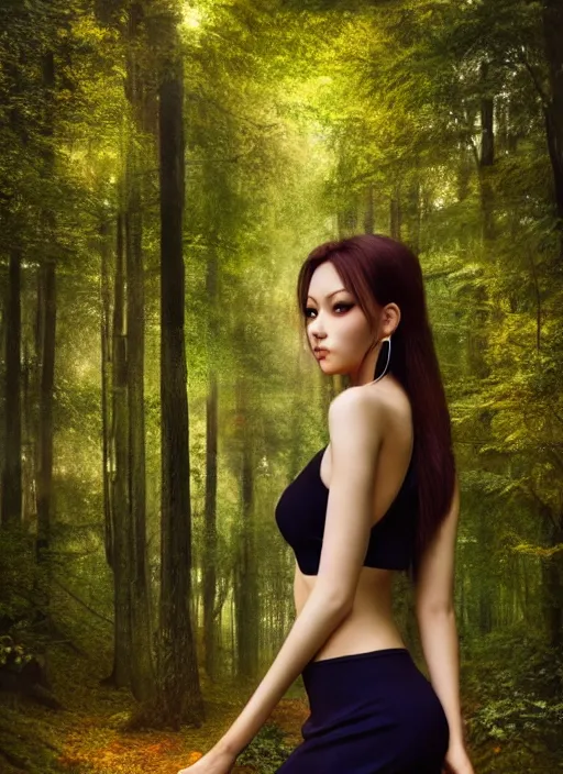 Prompt: photo of a gorgeous female in the style of stefan kostic, realistic, professionally, professionally color graded, half body shot, sharp focus, 8 k high definition, insanely detailed, intricate, elegant, art by stanley lau and artgerm, shallow depth of field, blurred forest in background