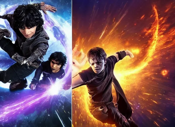 Image similar to nico di angelo vs thanos, epic fight, powerful, screenshot from infinity war, mcu, action shot, dynamic, magic, intense battle, death powers, infinity stones vs skeletons