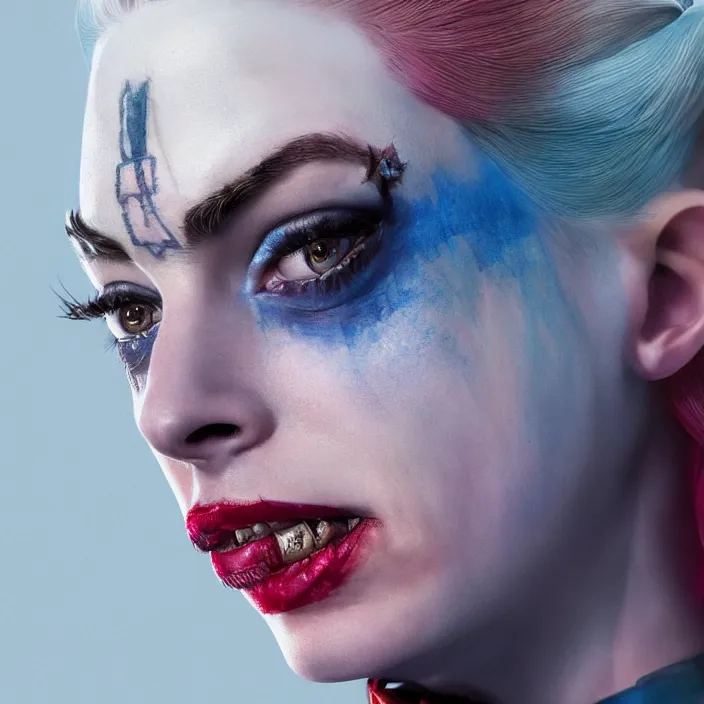 Image similar to portrait of Anne Hathaway as a harley quinn in Suicide Squad. intricate abstract. intricate artwork. by Tooth Wu, wlop, beeple, dan mumford. octane render, trending on artstation, greg rutkowski very coherent symmetrical artwork. cinematic, hyper realism, high detail, octane render, 8k, iridescent accents