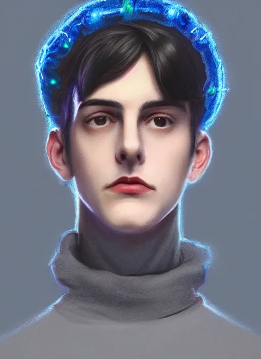 Image similar to portrait of teenage jughead jones wearing a light grey crown, crown, blue turtleneck, 1 9 5 0 s, closed eyes, photorealistic, black hair, glowing lighting, intricate, elegant, glowing lights, highly detailed, digital painting, artstation, concept art, smooth, sharp focus, illustration, art by wlop, mars ravelo and greg rutkowski