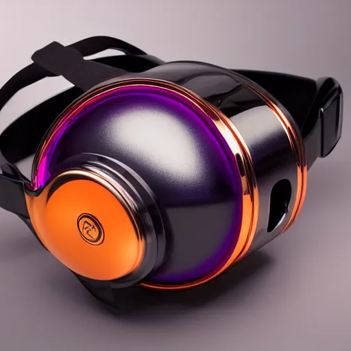 Image similar to award winning product photography, 3 5 mm lens, of a glossy orange metallic and shiny purple metallic shiny ergonomic virtual reality headset in style of a 1 9 3 6 bugatti type 5 7 sc, studio lighting,