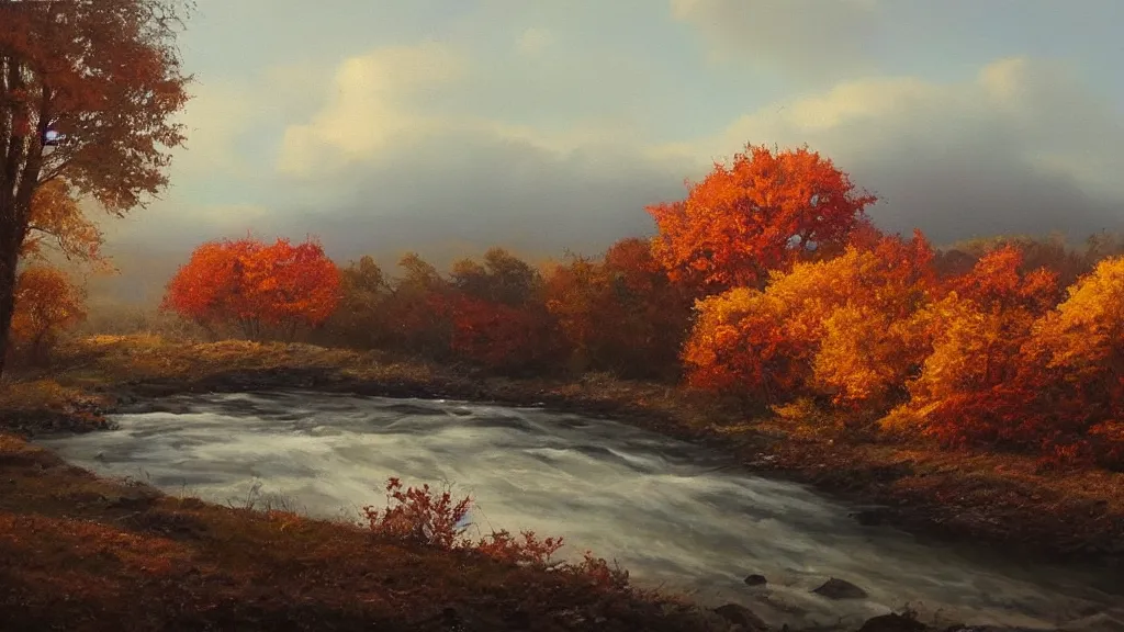 Prompt: A beautiful oil painting of hill with a single tree, the tree is in the rule of thirds, the fall has arrived and the leafs started to become golden and red, the river is zigzagging and flowing its way, the river has lots of dark grey rocks, by Greg Rutkowski