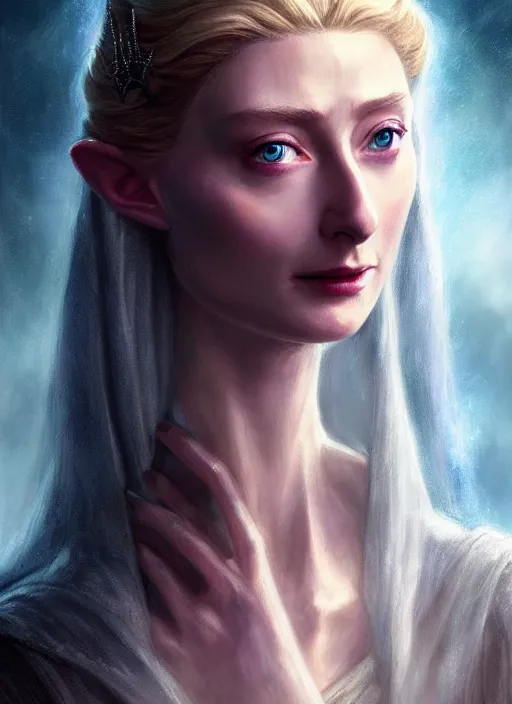 Prompt: beautiful radiant elizabeth debicki as galadriel, lord of the rings, lotr fanart, trending on artstation, character art, the hobbit, digital painting, perfectly detailed eyes, concept art, smooth, sharp focus, illustration, art by artgerm and greg rutkowski, directed by peter jackson,