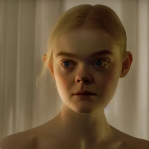Prompt: ultra realistic medium shot of elle fanning in prey, art by frank frazetta and michael sowa, roger deakin ’ s cinematography, 4 k, ultra realistic, head and shoulders, oil on canvas, highly detailed, epic lighting