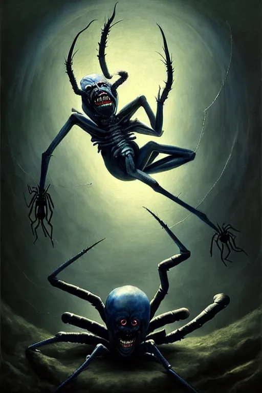 Image similar to hieronymus bosch, greg rutkowski, anna podedworna, painting of a dark blue skinned elf screaming as it transforms into a spider demon