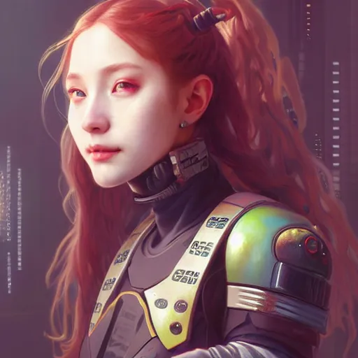 Image similar to portrait painting of cyberpunk chuu loona as a cheerful smiling mercenary, ultra realistic, concept art, intricate details, eerie, highly detailed, photorealistic, octane render, 8 k, unreal engine. art by artgerm and greg rutkowski and magali villeneuve and alphonse mucha