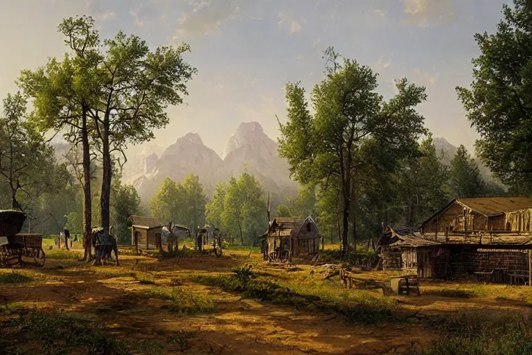 Image similar to A beautiful painting of a rural Westworld village by Ivan Shishkin, matte painting