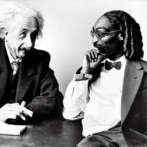 Image similar to Albert Einstein and Snoop Dogg discussing physics and smoking blunts