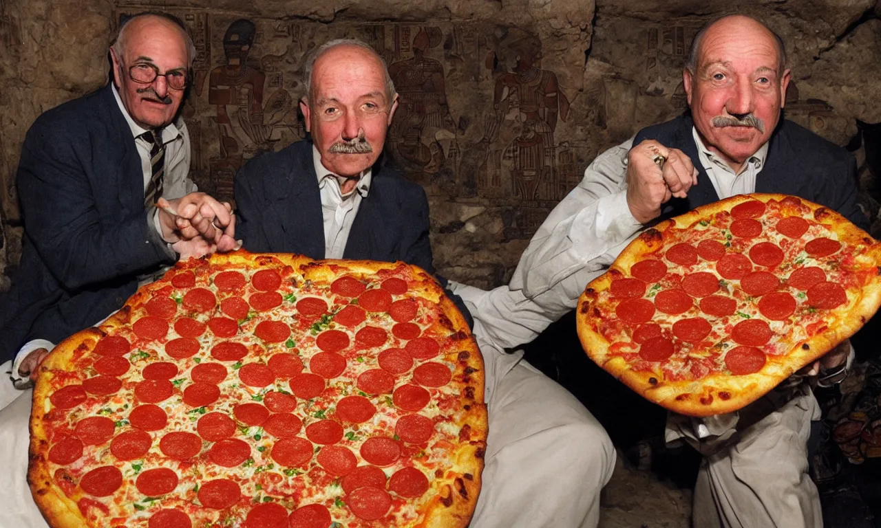 Prompt: Egyptologist Howard Carter excited to discover Pepperoni Pizza in Tutankhamun's tomb, Photorealistic, Photographic, Colorized