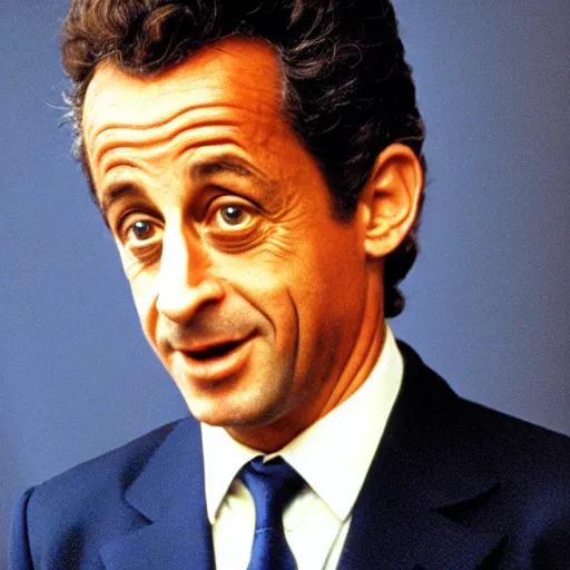 Image similar to 80s movie still portrait of Nicolas Sarkozy, cinestill 800t, lowest quality many artefact blurry, VHSrip