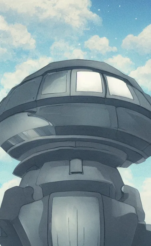 Image similar to an asymmetrical cell - shaded studio ghibli concept art study of a huge silver cube ufo in the sky. an elegant alien is on the ground. very dull colors,, hd, 4 k, hq