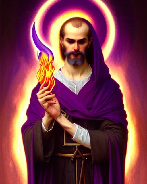 Image similar to portrait of saint germain, he holding the violet flame, it is a fire that is completely violet colored, intricate, elegant, highly detailed, digital painting, artstation, concept art, smooth, sharp focus, illustration, art by artgerm and greg rutkowski and fra angelico and alphons mucha