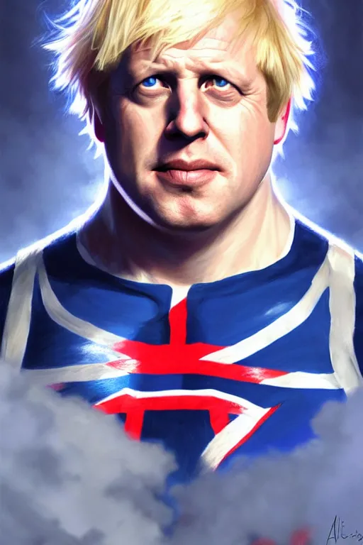 Image similar to Boris Johnson as Captain Britain, portrait, highly detailed, digital painting, artstation, concept art, smooth, sharp focus, soft volumetric lights, illustration, cinematic lighting, art by artgerm and greg rutkowski and alphonse mucha