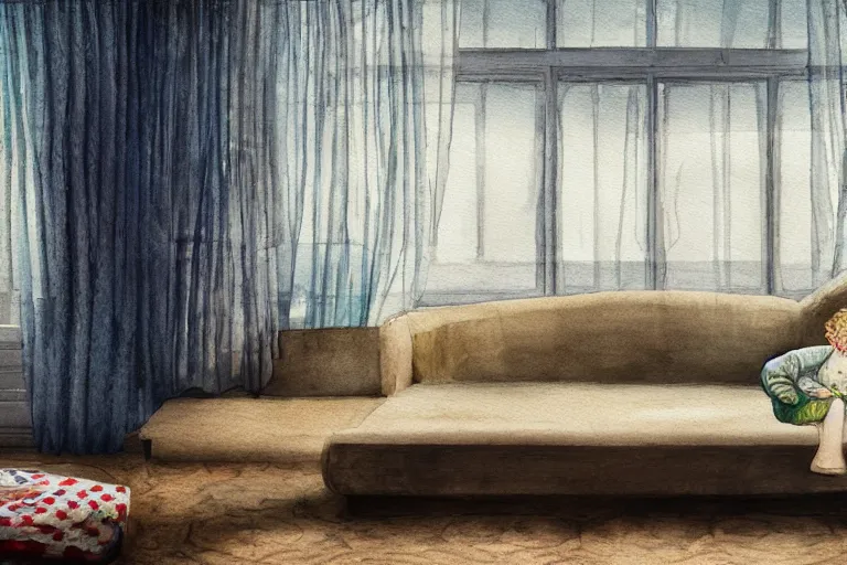 Image similar to charming and chubby huge fish, wearing a polka dot cloths and, lye on the fancy sofa, in the large and bright studio. sunlight enters through the barred window. delicate watercolor and pencil on canvas. beautiful lighting, 4 k post - processing, highly detailed, 5 k extremely detailed, 3 d. cinematic scene.