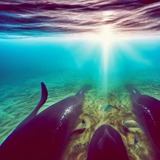 Prompt: underwater ocean, ten whales swimming to the surface, pod, family, calm, photograph, realistic, peaceful, light rays, beautiful, majestic, dapple, camera angle from below, distance,