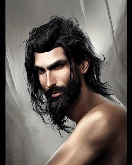 Prompt: portrait of tall, 3 3 - year - old handsome man with long dirty black hair, and grey eyes, wearing black clothes, no beard, hyper realistic face, aristocratic appearance, beautiful eyes, character art, art by mark brooks, hyperdetailed, cryengine, trending on artstation, digital art