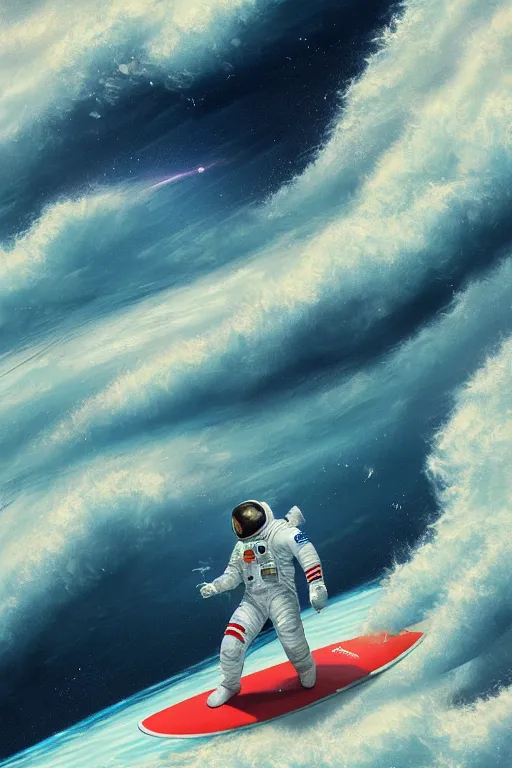 Prompt: a beautiful digital painting of an astronaut in a white space suit surfing the great wave on a surfboard by greg rutkowski, photorealistic, trending on artstation, highly detailed, intricate, unreal engine, octane render