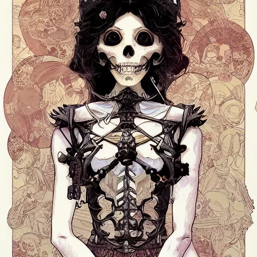 Image similar to anime manga skull portrait girl female skeleton illustration sunset artgerm comic Geof Darrow and Ashley wood and Ilya repin and alphonse mucha pop art nouveau