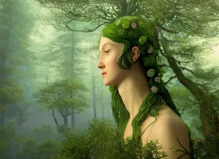 Image similar to a portrait of idealistic marble statue with fractal flowery hair and fair porcelain face and green eyes, in a magical forest, painted by, mc escher, gordon onslow ford, georgia o'keeffe and ivan aivazovsky, cinematic light, god rays, colourful, unreal engine, zbrush central,