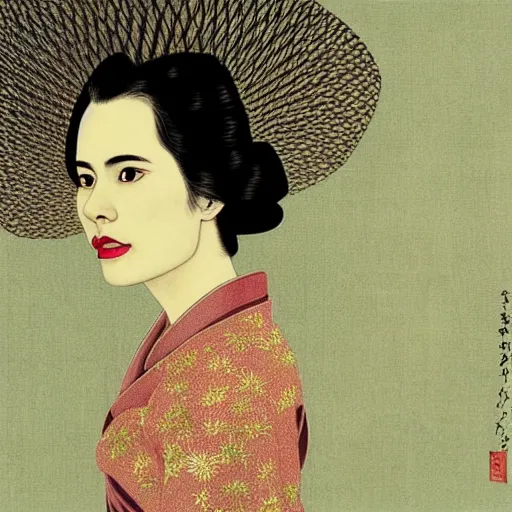 Prompt: “ hayley atwell portrait by ikenaga yasunari and ayana otake and ko rakusui, drawing, realistic, sharp focus, japanese, dreamy, nostalgia, faded, golden hues, floral clothes ”