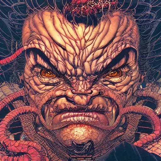 Image similar to portrait of crazy balrog, ymmetrical, by yoichi hatakenaka, masamune shirow, josan gonzales and dan mumford, ayami kojima, takato yamamoto, barclay shaw, karol bak, yukito kishiro