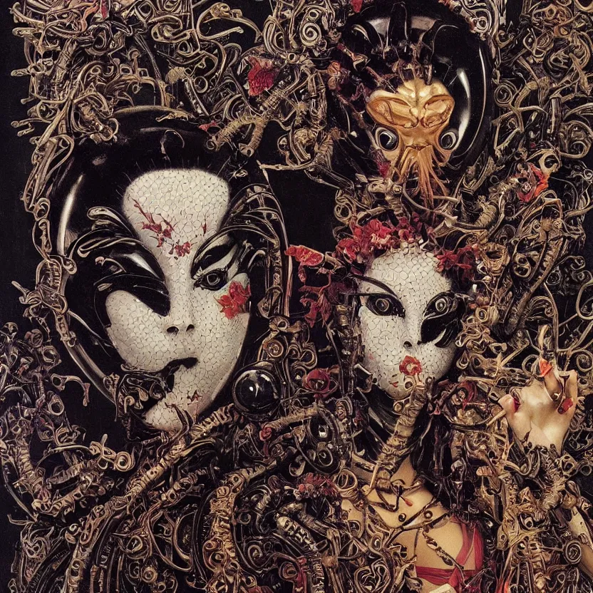 Image similar to an alien geisha mask by h. r. geiger, pulp sci - fi art for omni magazine. decorated with ornate filigree and foliage. high contrast. baroque period, oil on canvas. renaissance masterpiece.