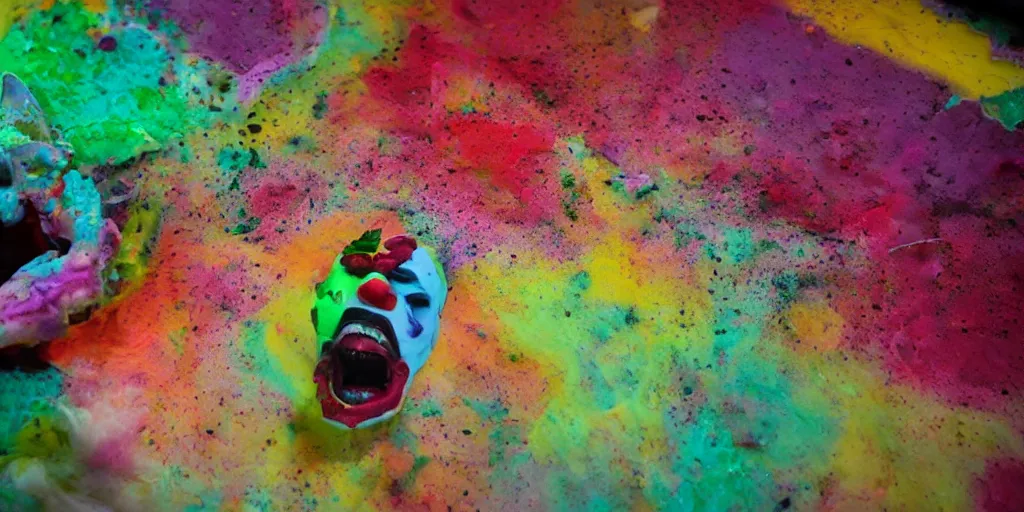 Image similar to close - up action shot of a huge messy colorful puddle of runny rainbow sherbet on the floor of a abandoned ice cream parlor comes to life, the sherbet raises to stand in the shape of a evil clown with sharp scary fangs attacking. a legion of giant evil gummy bares are behind.