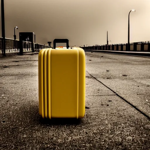 Image similar to Shot from below, of a ransacked empty luggage left on the ground, in a town filled with pale yellow mist. Dystopian. End of the world. Depth of field. Film grain. Award-winning photo. Sigma 40mm f/1.4 DG HSM