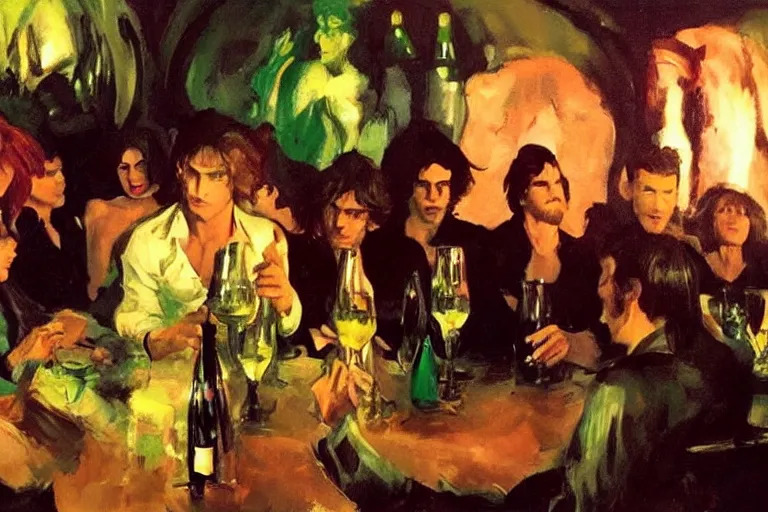 Image similar to cinematic scene, glam rockers drinking brutal and raw wine, inside a green cave with red lights by roger deakins, joaquin sorolla, phil hale, extremely detailed