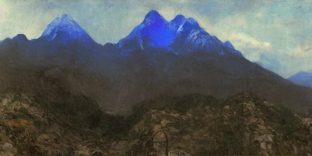 Prompt: painting of mount kinabalu, blue and purple lighting by solomon joseph solomon and richard schmid and jeremy lipking victorian genre painting full length portrait